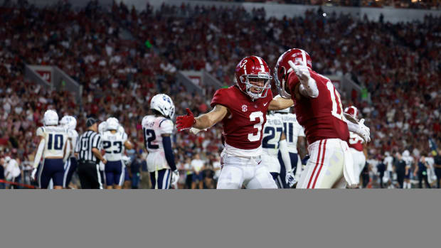 Jermaine Burton and Traeshon Holden celebrate a touchdown